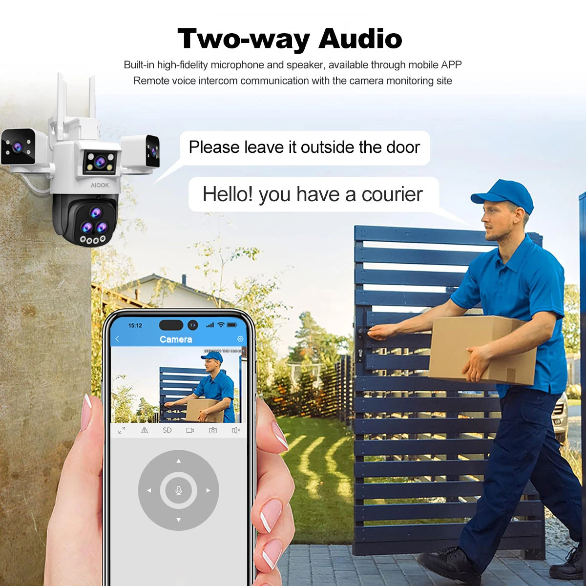 AIOOK 20X Zoom Outdoor Camera HD 30MP WiFi Camera 24/7 Record Waterproof Night Vision Two Way Intercom Mobile Tracking IP CCTV