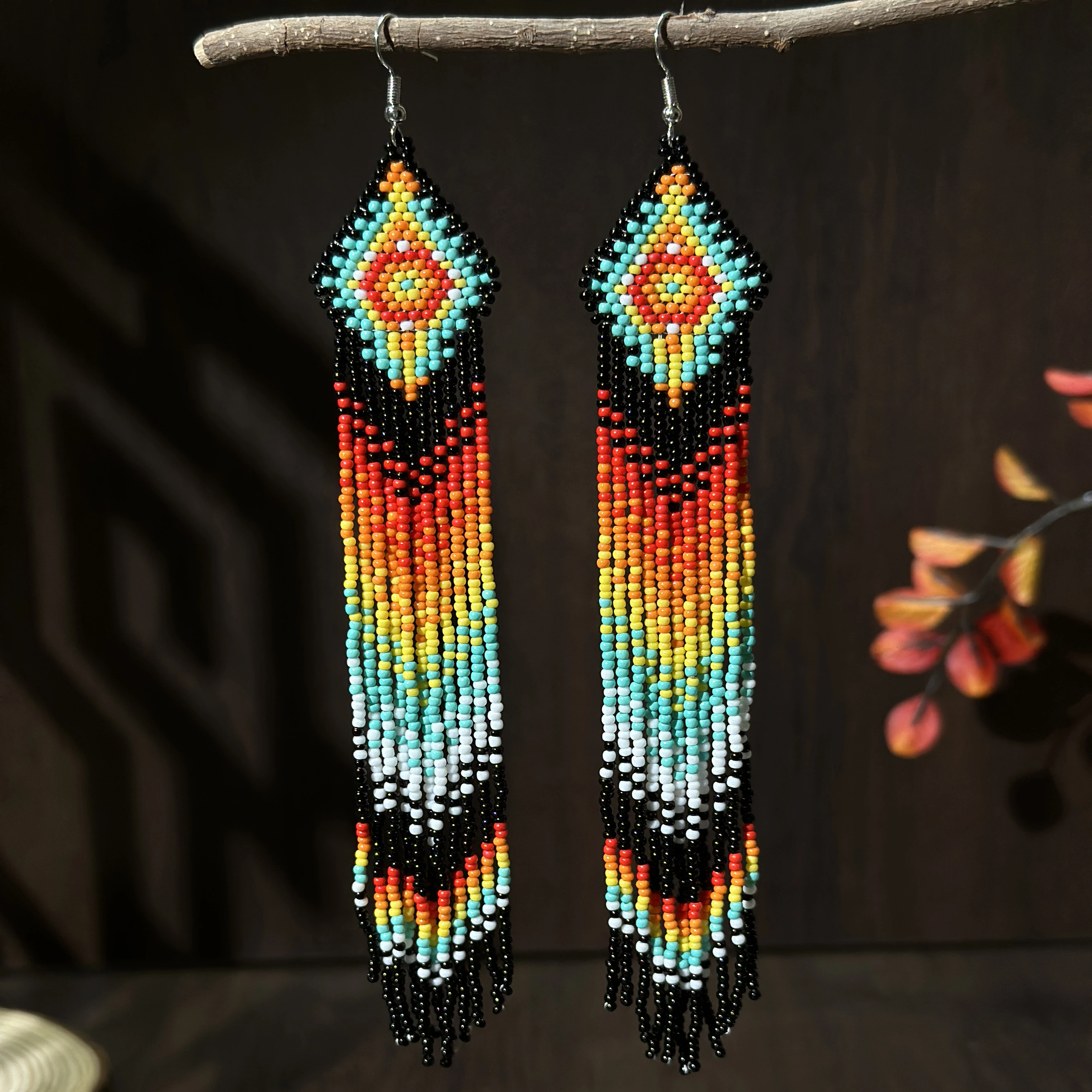 

Bohemian style, long fringed tapered color earrings, glass seed bead earrings, hand-beaded earrings, ladies jewelry holiday gift