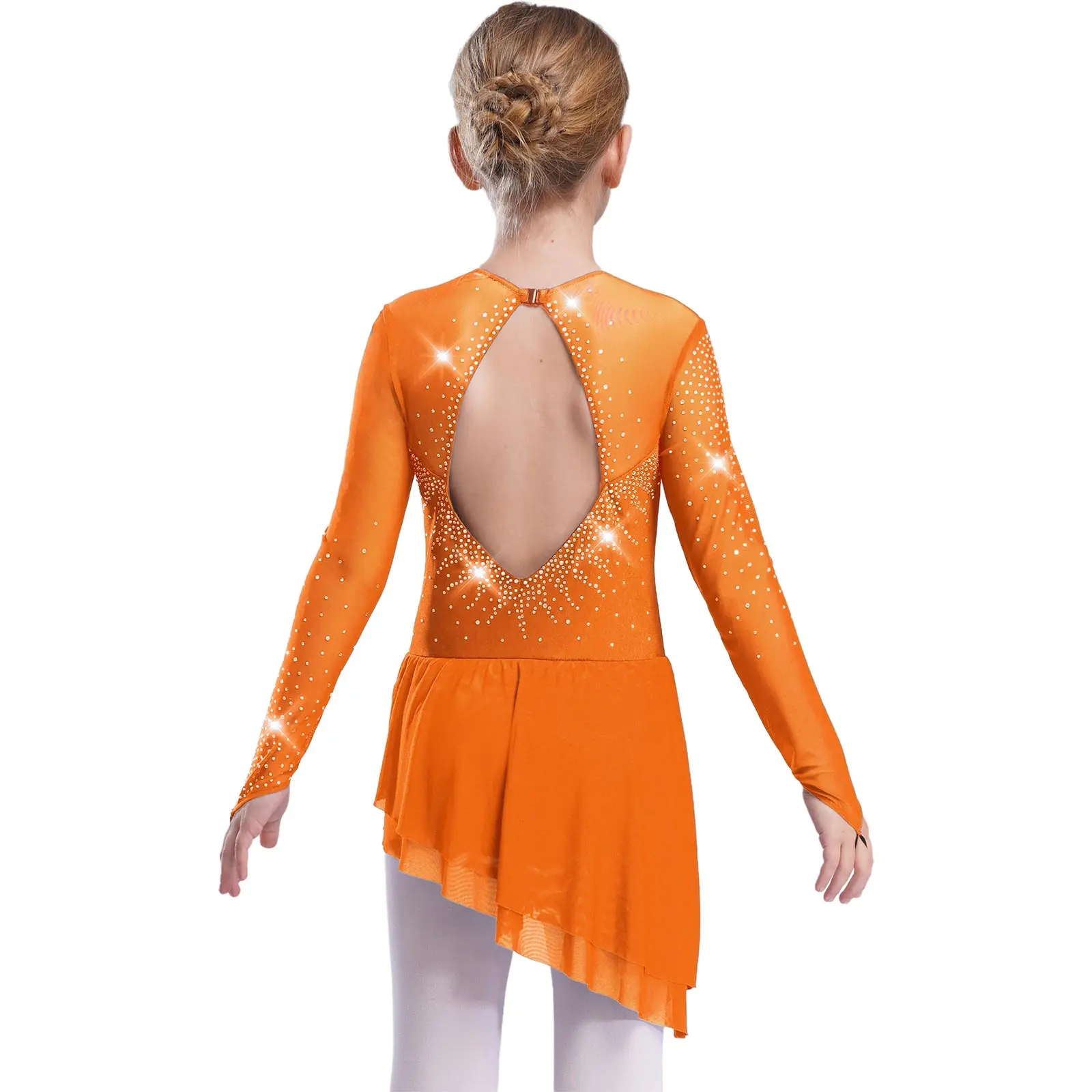 Kids Girls Figure Skating Dress Lyrical Dance Ballet Gymnastics Costume Mesh Long Sleeves Rhinestones Leotard Modern Dancewear