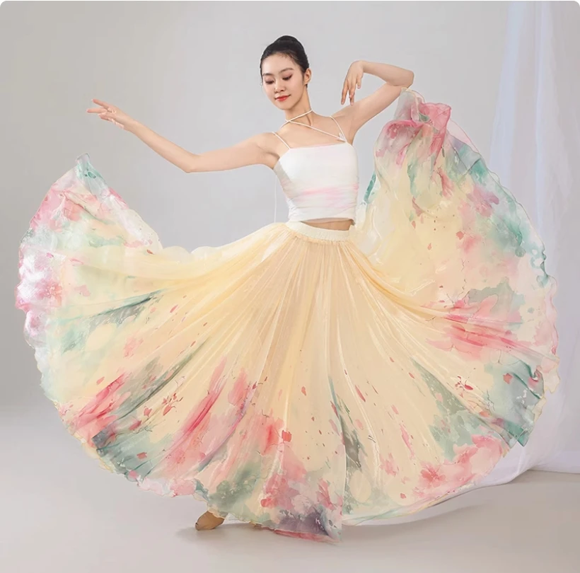 new-genuine-original-printed-double-layer-720-degree-large-swing-skirt-classical-dance-costume-half-body-skirt