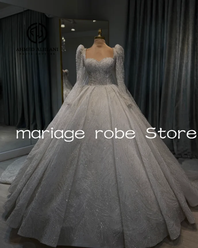 Luxury Sparkly Princess Wedding Dresses Sweetheart Corset Long Sleeve Gillter Ball Gown Bridal Dress Church Garment Customized