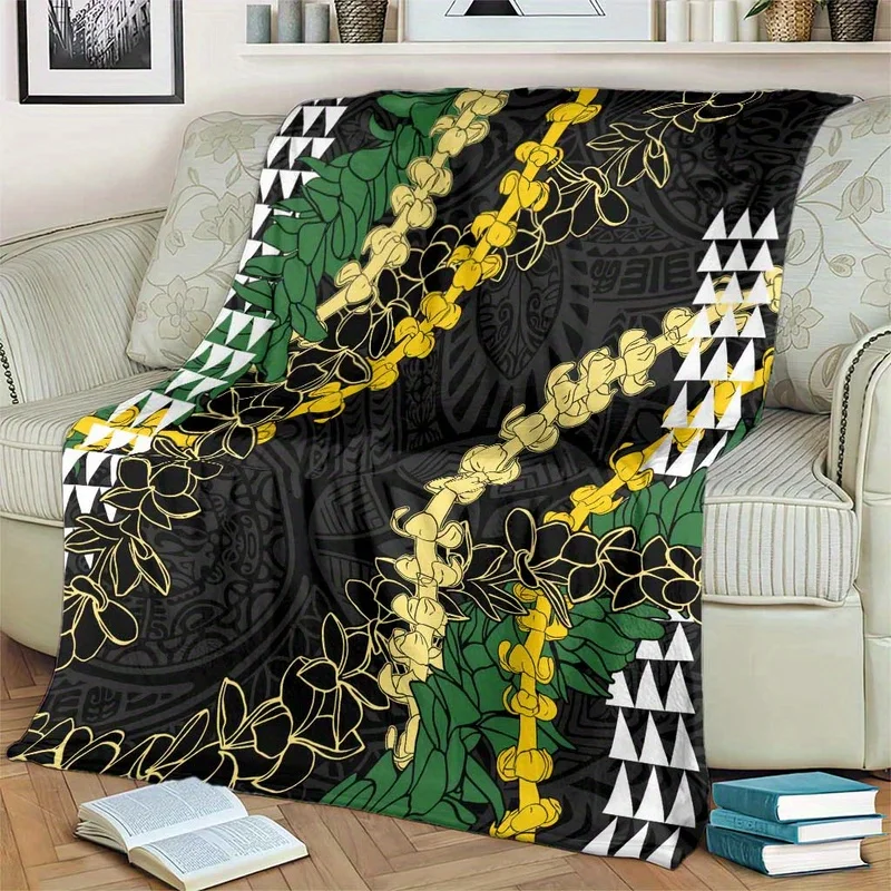 

Soft Luxury Hawaiian Plush Throw Blanket | Geometric Tropical Floral & Chain Pattern in Black/Green/Golden/White - Machine Washa