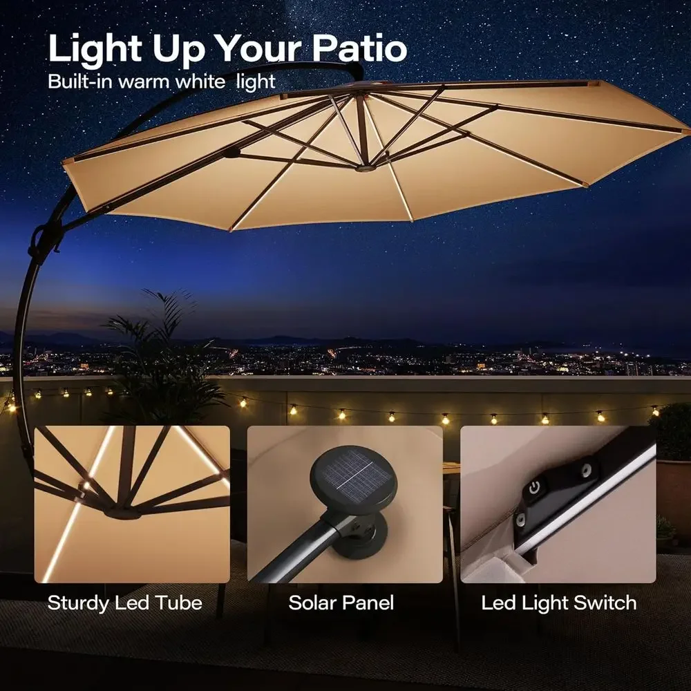 10-Foot Cantilever LED Patio Umbrella with 360° Rotation, Outdoor Offset Umbrella with Base for Backyard, Pool, Garden in Champa