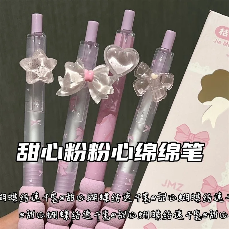 4pcs Sweet Pink Heart Retractable Gel Pen Ins Aesthetic Cute Girly Quick Dry Smooth Writing Student Practice Stationery