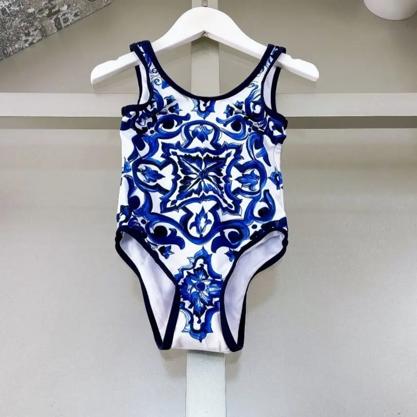 Girls classic style blue and red patterned camisole jumpsuit  summer new girl's one-piece Timeless Classic Popular with swim hat