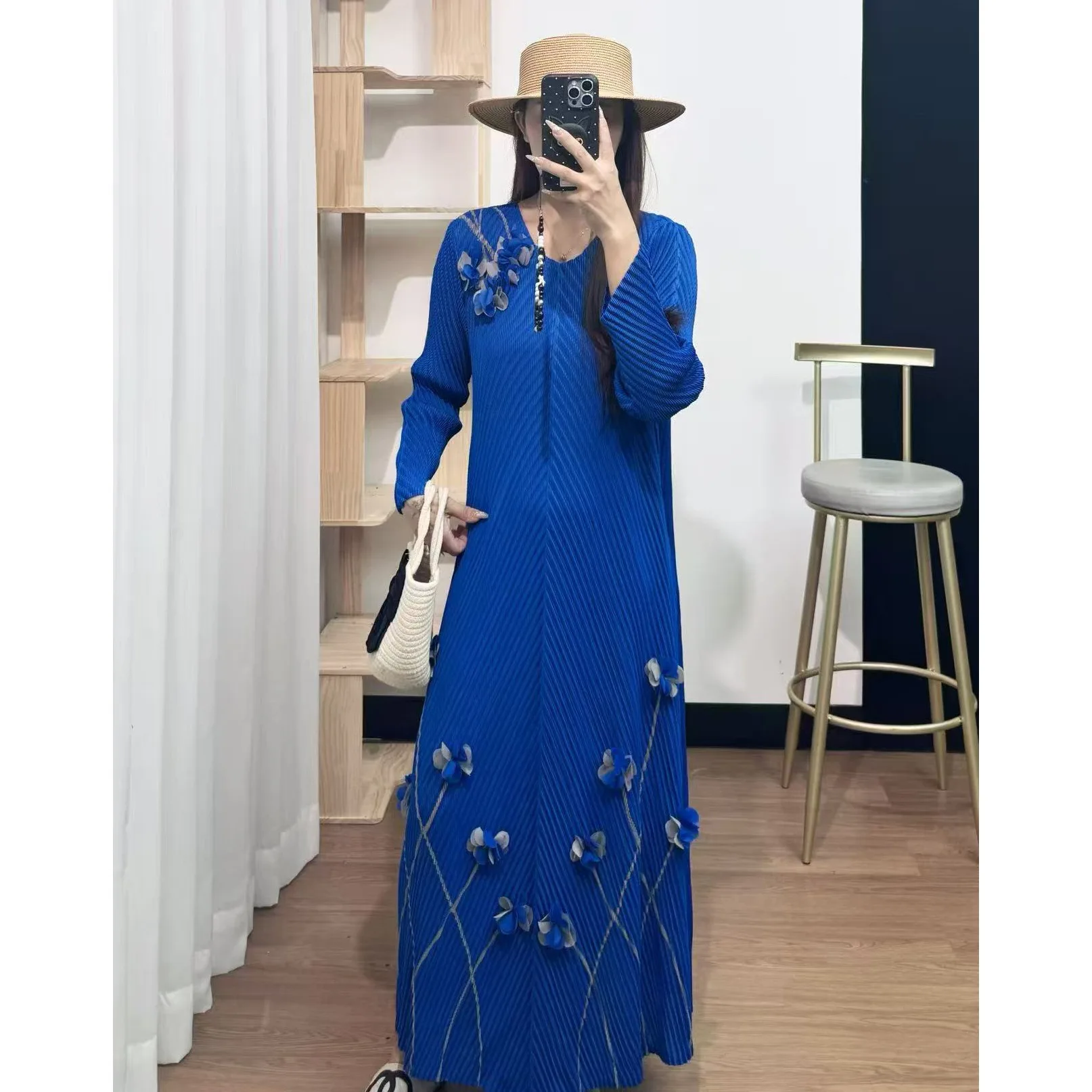 Sukienka w kwiatowy wzór, fason A-line, długa, z paskiem i plisowaną spódnicą dla kobiet, na wiosnę, lato, jesień i zimę, z włókna poliestrowego, wysoka...