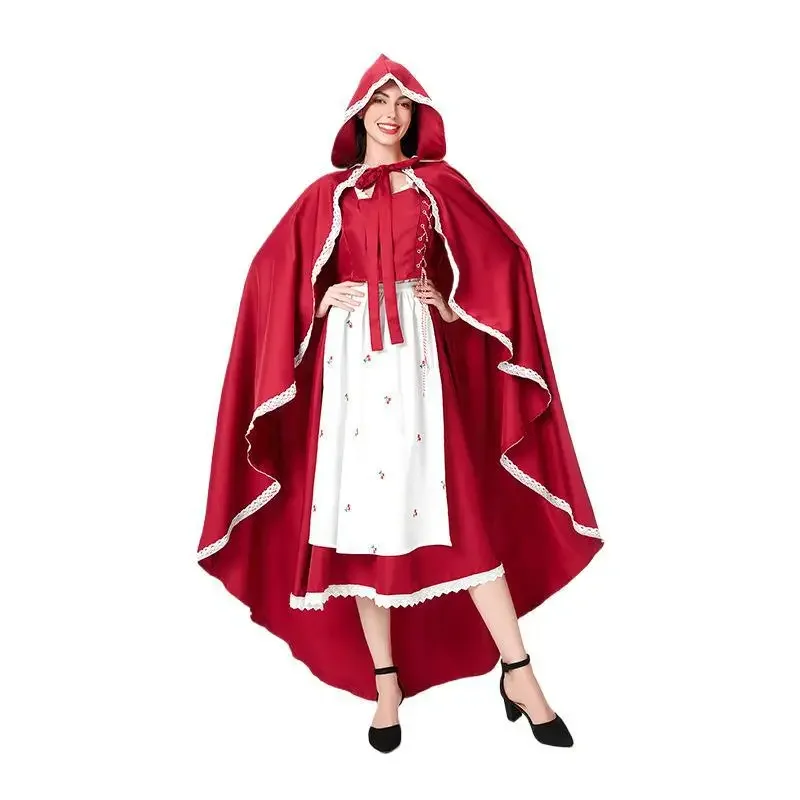 

Halloween Masquerade Fairy Tales Anime Little Red Riding Hood Costume Renaissance France Beer Maid Cosplay Party Dress