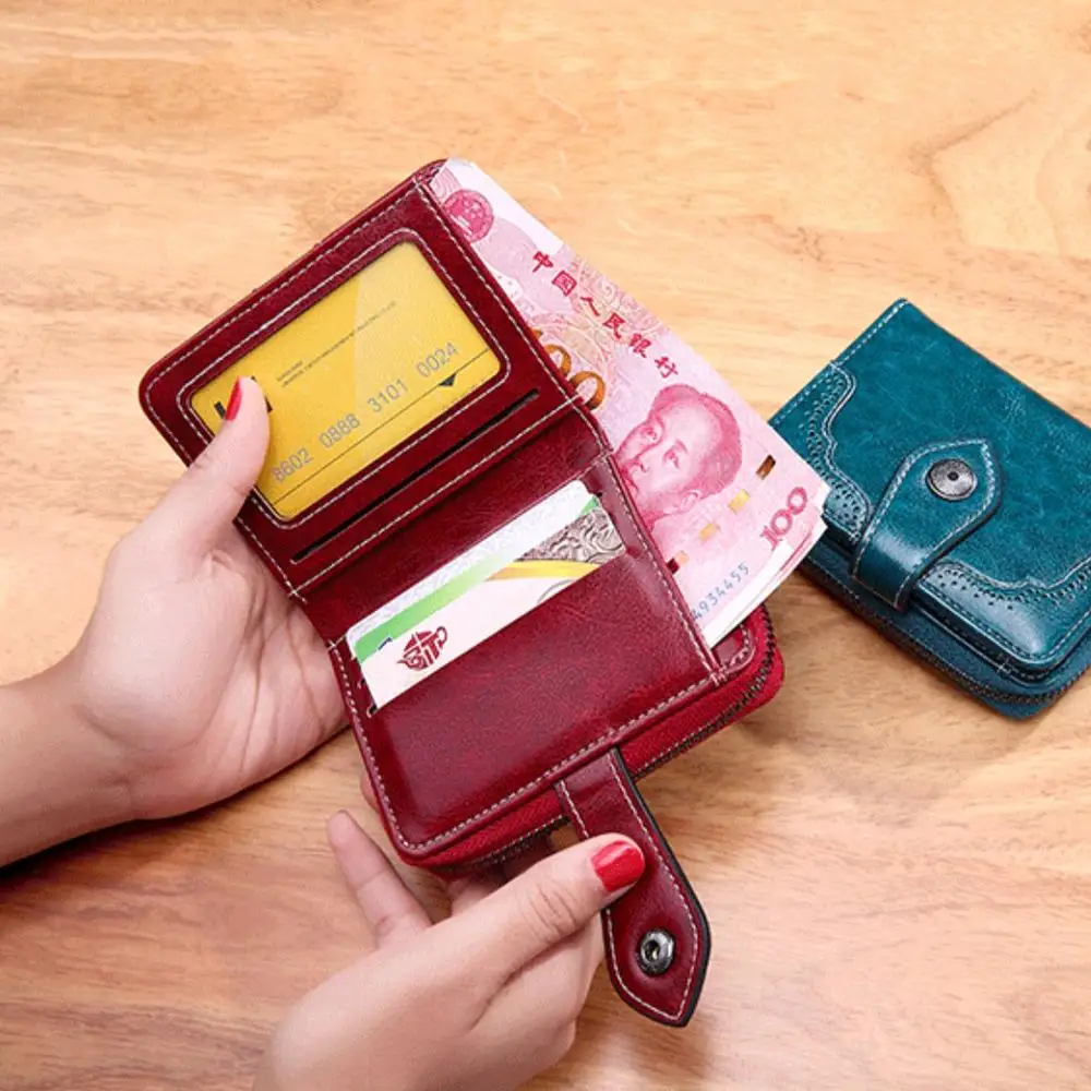 Retro three-fold RFID shielding women\'s short wallet, solid color large capacity daily fashion versatile clutch bag