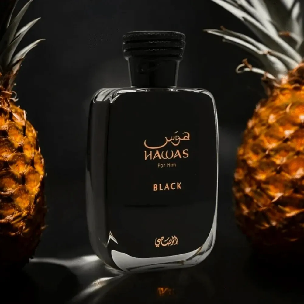 Rasasi Hawas Black EDP-spray voor mannen en vrouwen 3,4 oz, gedurfde en elegante langdurige geur met ananas en amber, voor dag en nacht.