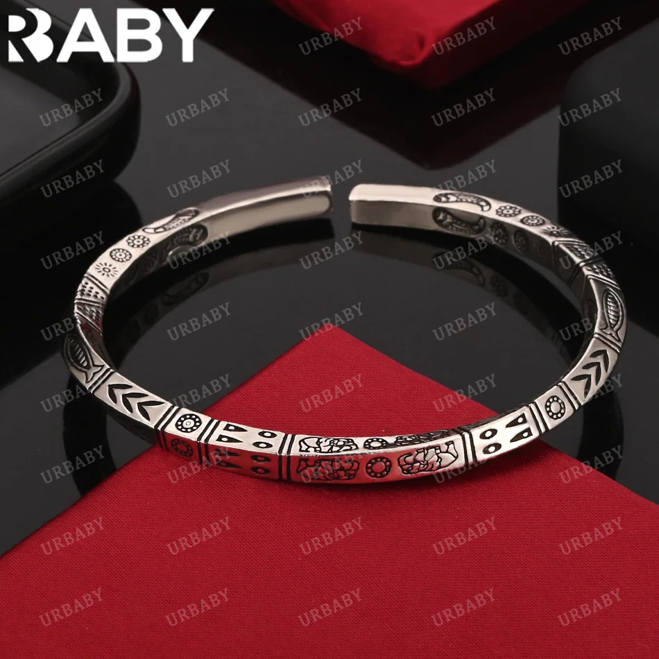 

URBABY 925 Sterling Silver Bangle Retro Pattern Bracelet For Women Jewelry Fashion Party And Daily Wear
