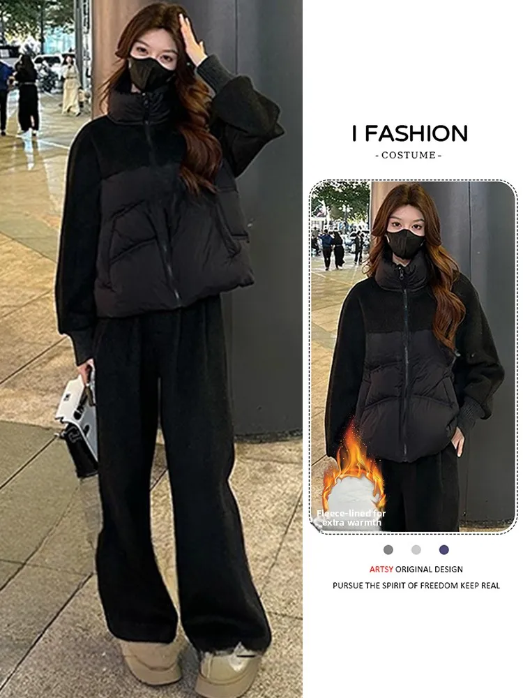 

Laid-ba Sle Women's Faion Thiened Winter Outfit Two-Piece Set Wide Leg Pants Long Sve Zipper Closure Polyester Fiber