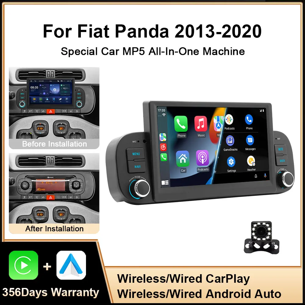 7-Inch Car Multimedia Player with Wireless Carplay And Android Auto for Fiat Panda 2013-2020 BT SWC FM RDS IPS Screen 1024*600 C