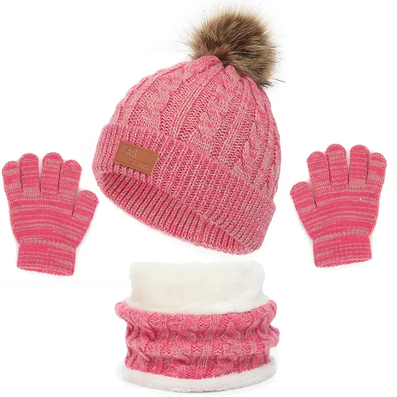 Autumn Winter Baby Knitted Hat Scarf Gloves Set 3PCS Cute Pompom Toddler Infant Bonnet Outdoor Warm Kids Accessories 1-5 Years