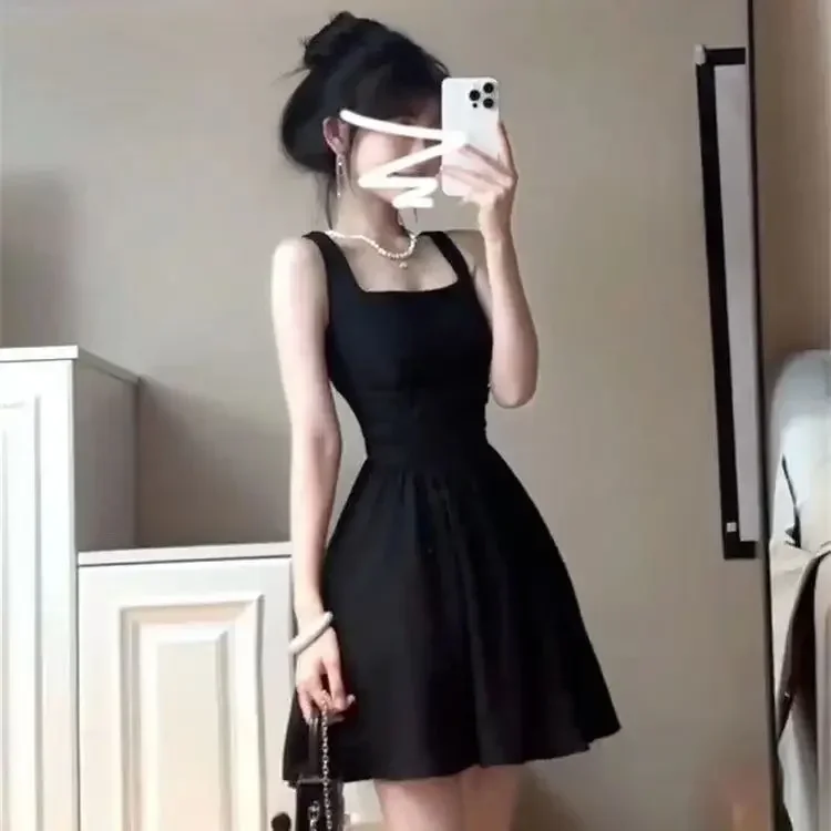 PopPopGaohe Blacktankdress Petite Elegantmini Dress 2024 Summer Waist-fitted New Style Super Natural Mini Dress