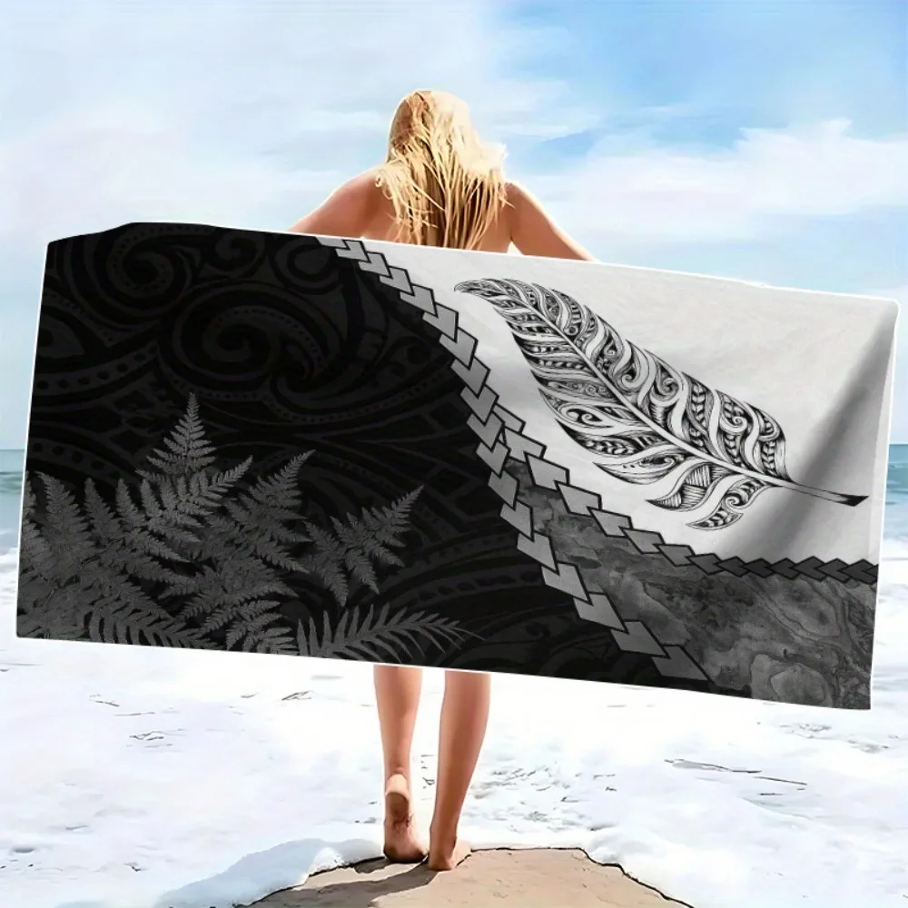 Black White Maori Feather Beach Towel Tribal Tattoo Print For Adult Surf Trip Cultural Souvenir Gift Idea