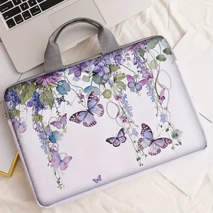 One Set, Two Styles, Wisteria And Butterfly Pattern Printed Handheld Laptop Bag, Suitable for 14-inch Laptops