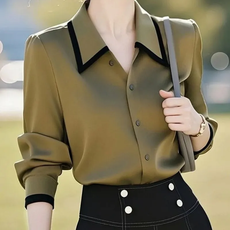 Ele Olive und Silk irt Damen Long Sve Umlegekragen Pendeln Profional Layering irt Frühling Herbst Sle