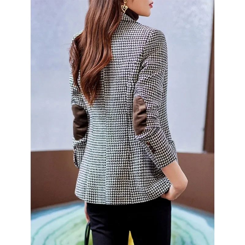 Chaqueta Formal a cuadros para mujer, Blazer de una sola botonadura, color gris Café, con bolsillo, para trabajo y negocios, para Otoño e Invierno