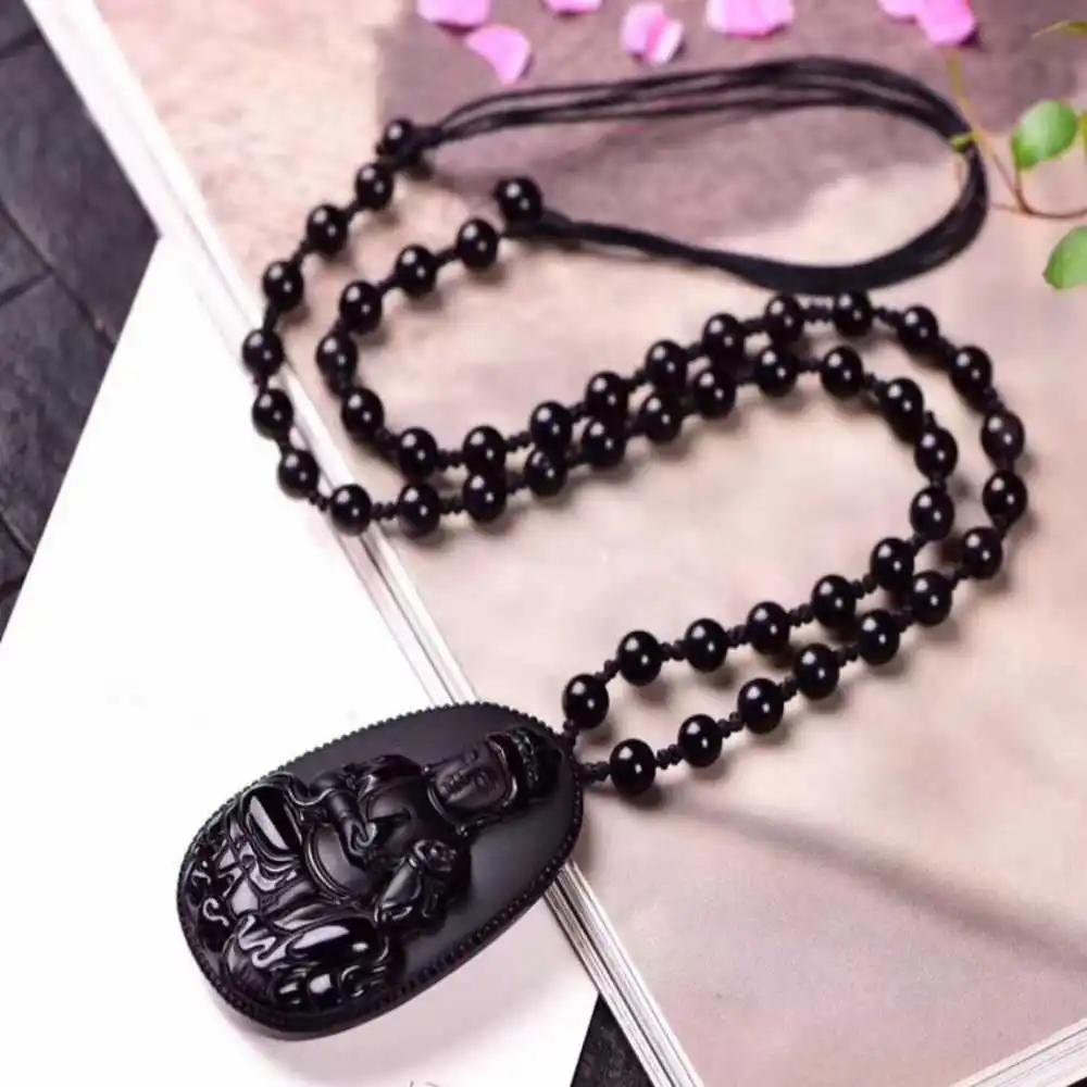 

NEW 100% Obsidian Carved Avalokitesvara Lucky Amulet Pendant Women Charms Craft Crystal Steel Gold Choker Chain Jewellery