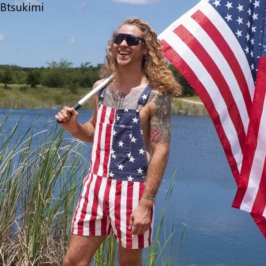 2024 Men's Independence Day Overalls Jumpsuit Casual Patriotic Printed American Flag Striped Overalls Rompers Men Jeans Pants
