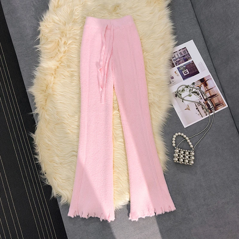 Gidyq Women Knit Wide Leg Pants Fashion Korean Tassel Faux Mink Trousers High Waist Female Elegant All Match Horn Pants New