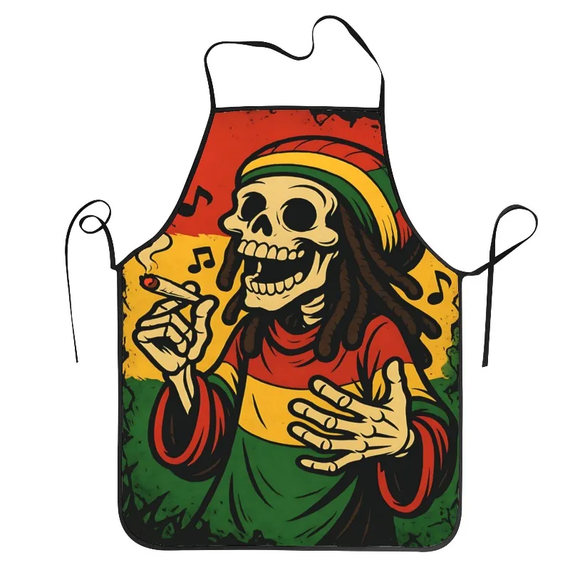 Rasta Skeleton Apron, Reggae Music Skull Graphic Cooking Bib, Cool Jamaica Style Kitchen Decor, Novelty Gift for Men