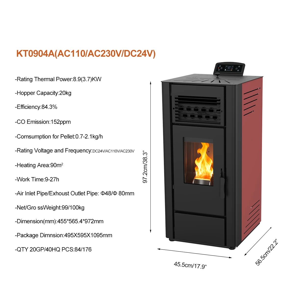 8.9kw Automatic Feeding Smokeless Wifi Room Heating Wood Pellet Heater Pellet Stove for Houses With Smart Controller