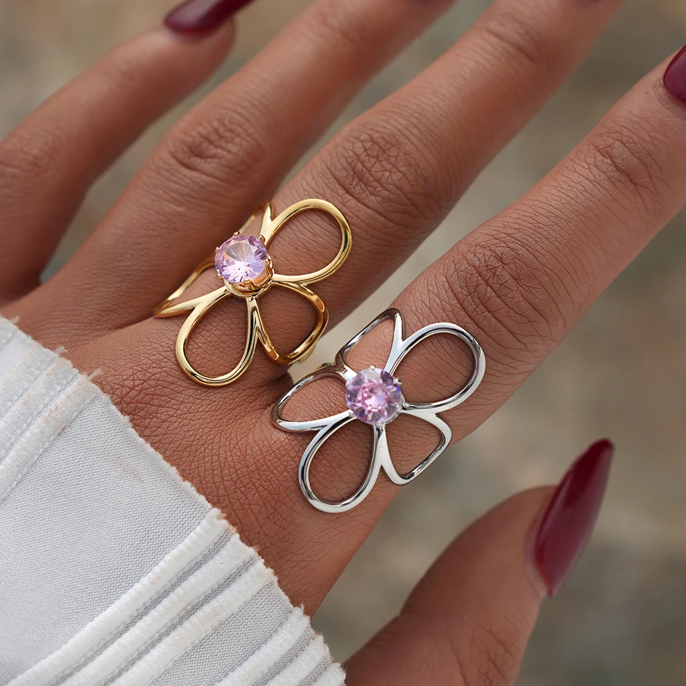 Uself – bague tendance en acier inoxydable, fleur métallique réglable, antirouille, attrayant, bijoux quotidiens, accessoires, cadeau