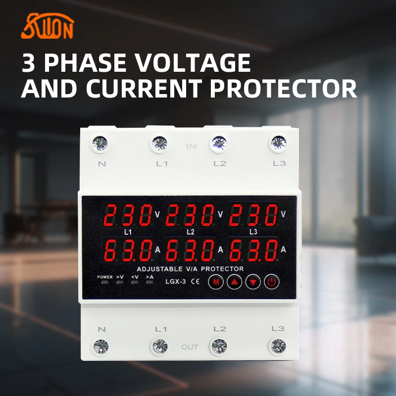 

3P+N Din rail Voltmeter Ammeter adjustable Over and Under Voltage current limit protection Monitor Six Digital Display