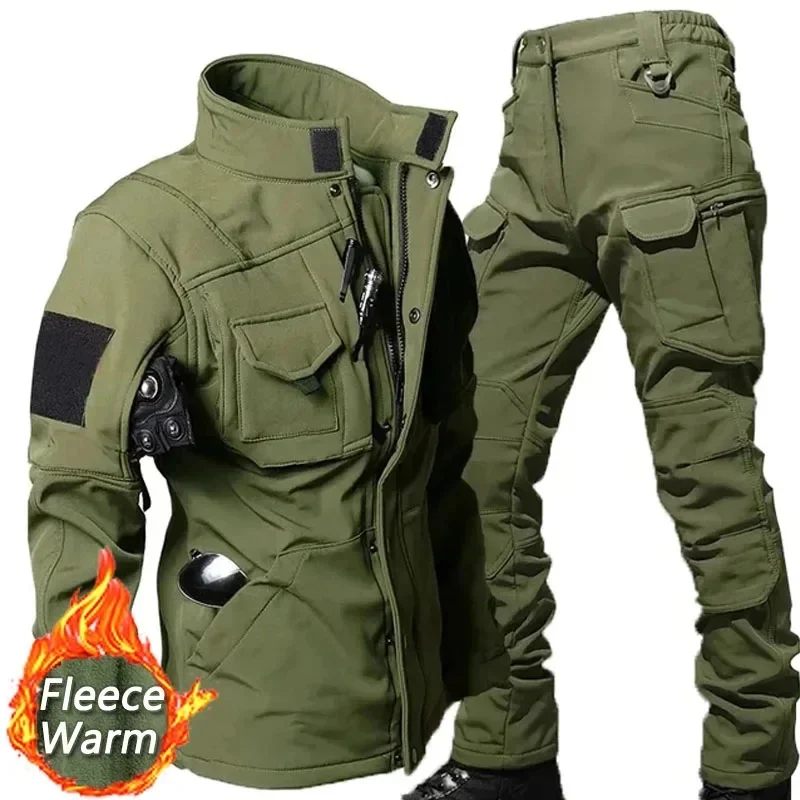 Military Shark Skin Soft Shell Sets Men Winter Multi-pocket Wear-resistant Fleece Warm Jackets+Army Waterproof Pants 2 Pcs Suits