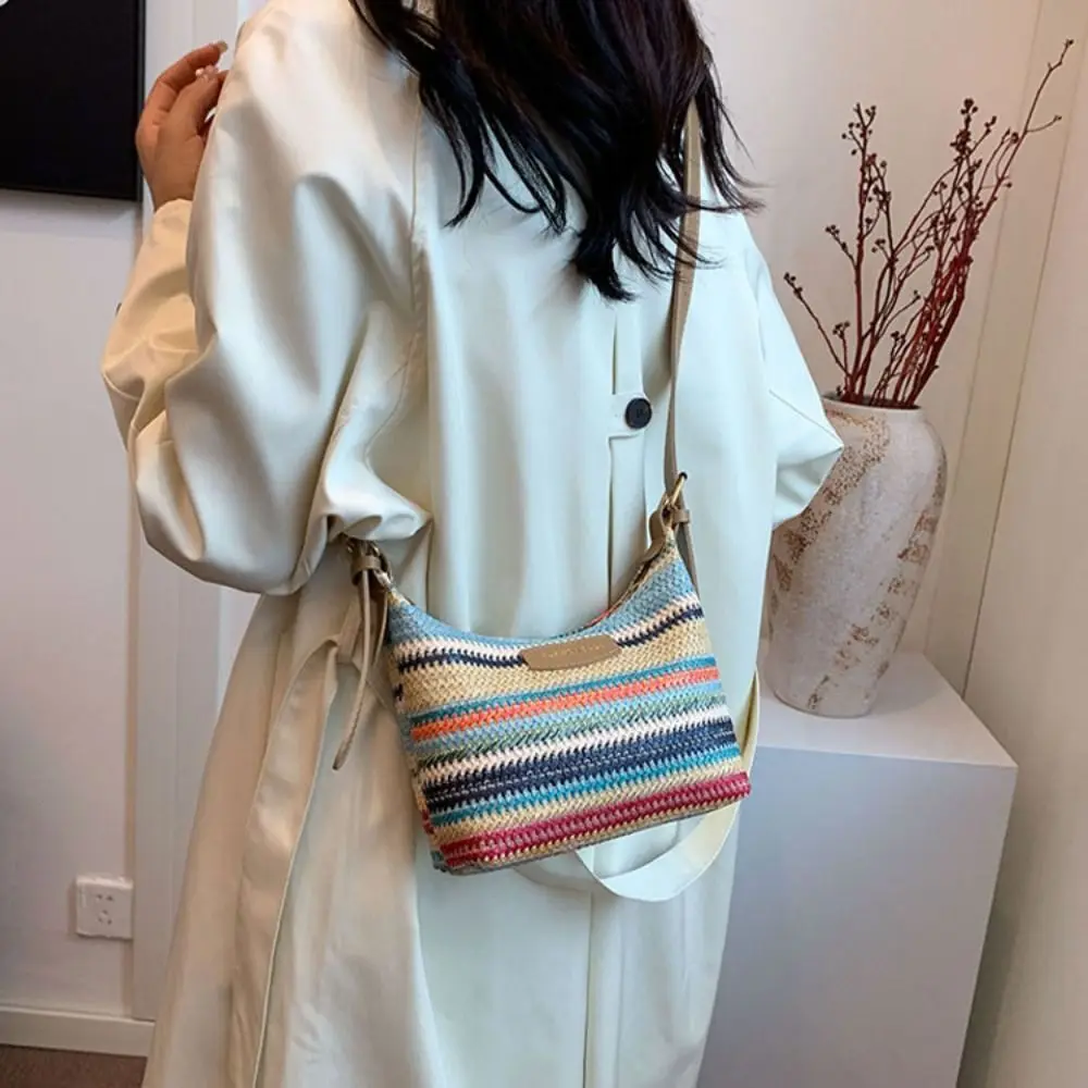 New Large Capacity Fashion Contrast Color Handbag Portable Messenger Shoulder Bag Woven Bag Versatile Tote