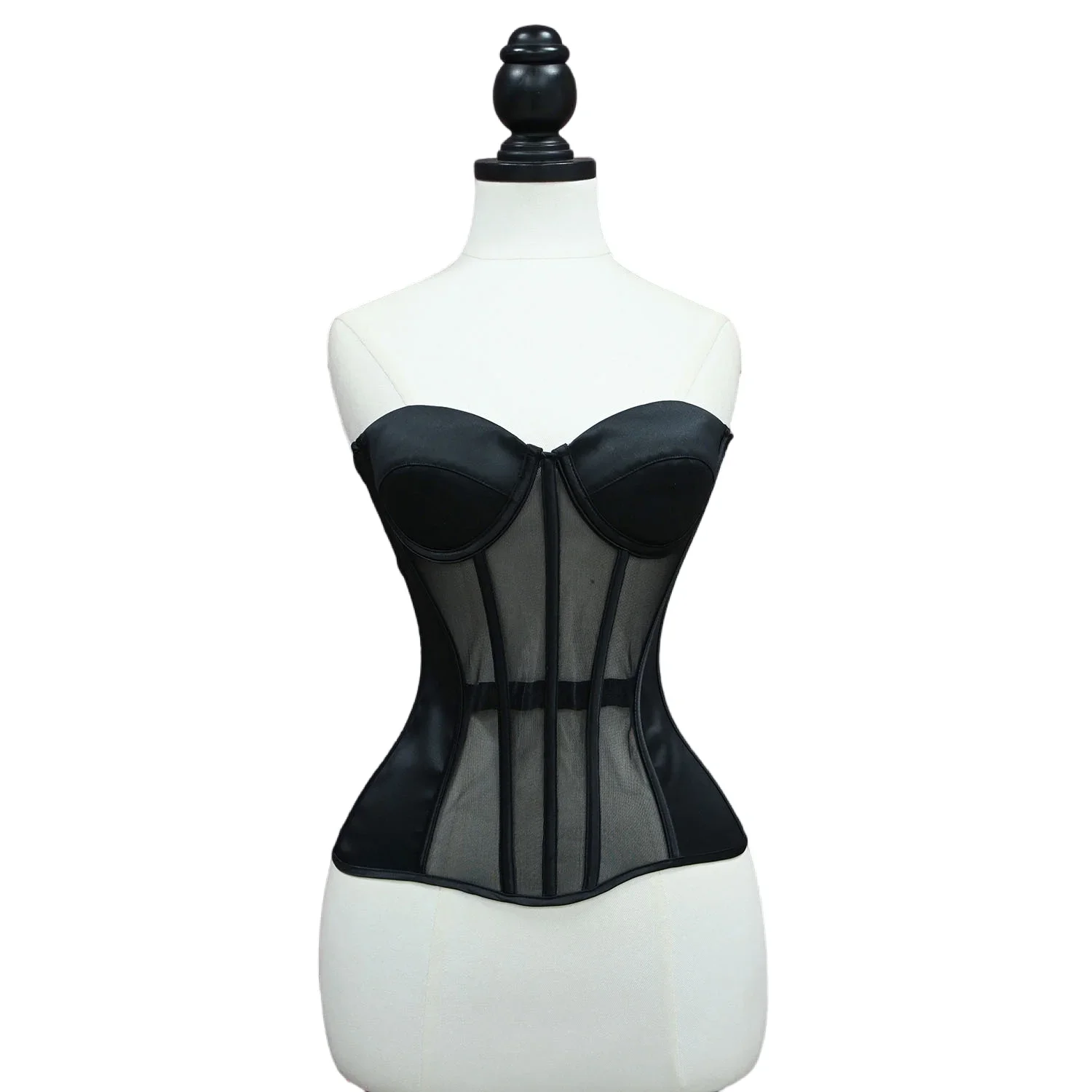 

Women Transparent Mesh Corset Bustier With Cups Lace Up Steel Boned Bodice Sexy Strapless Shaping Tops Crops For Wedding