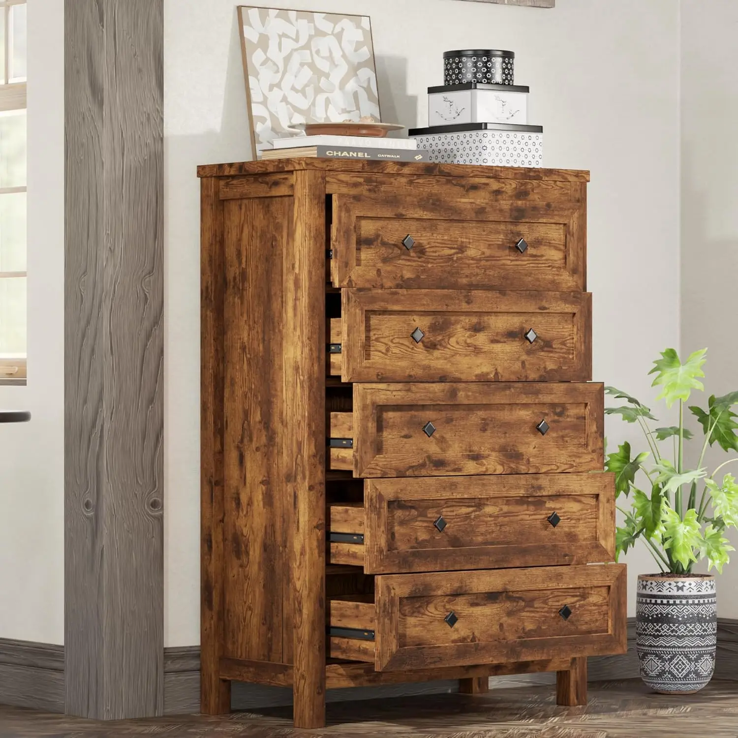 Amerlife 5 Drawers Dresser For Bedroom, Farmhouse Wood 47