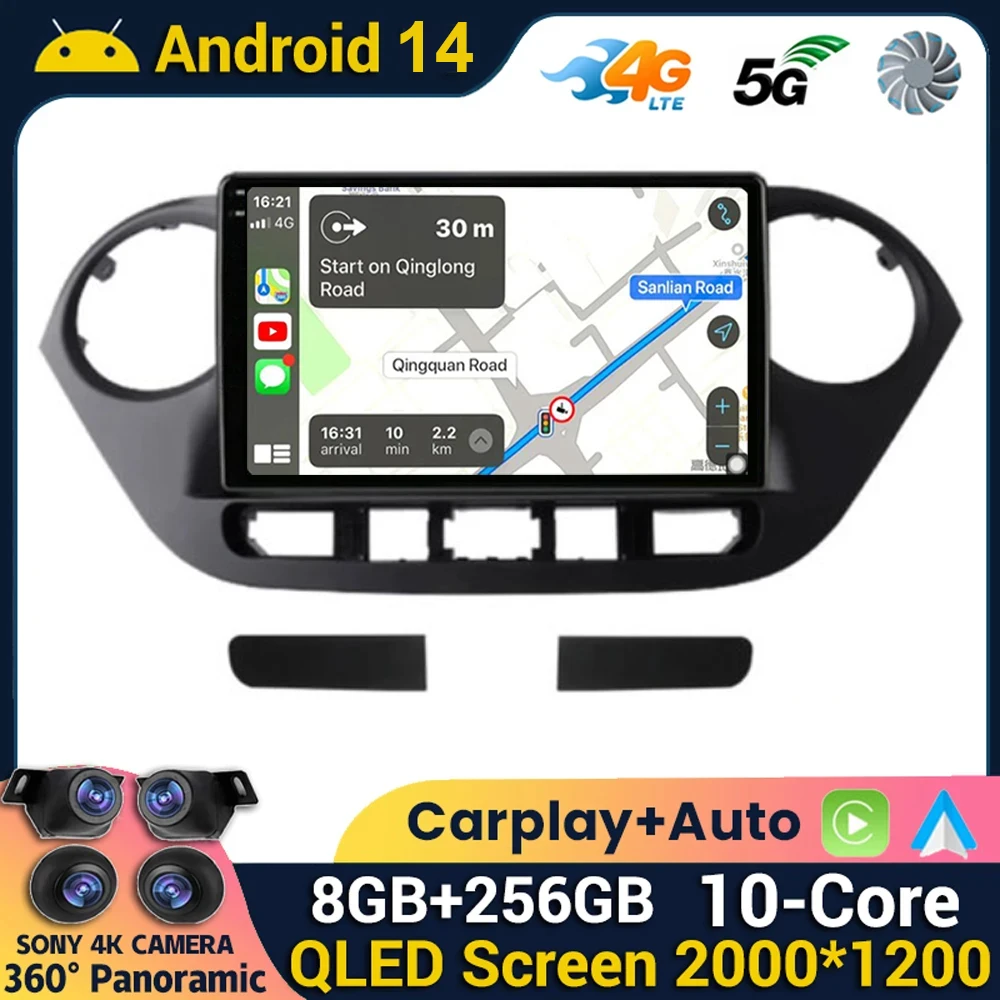 Android 14 WIFI+4G Car Radio Multimidia Video Player For Hyundai Grand I10 2013 2014 2015 2016 Navi GPS Stereo Carplay Auto QLED