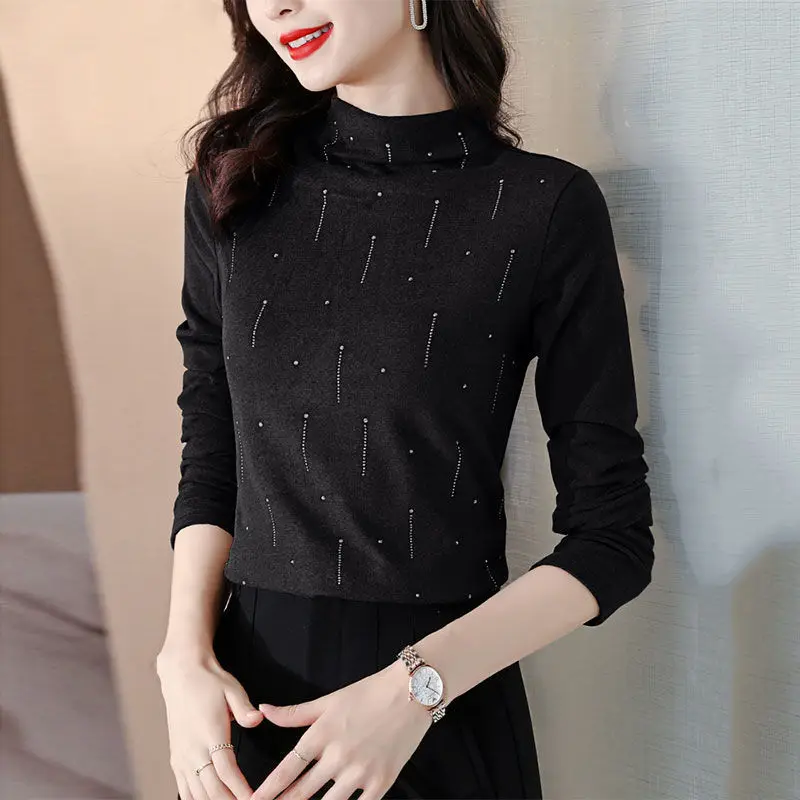 Korean Temperament Bottoming Diamonds Skinny Casual Solid Office Lady Women's Clothing Thick Autumn Winter Pullovers Keep Warm