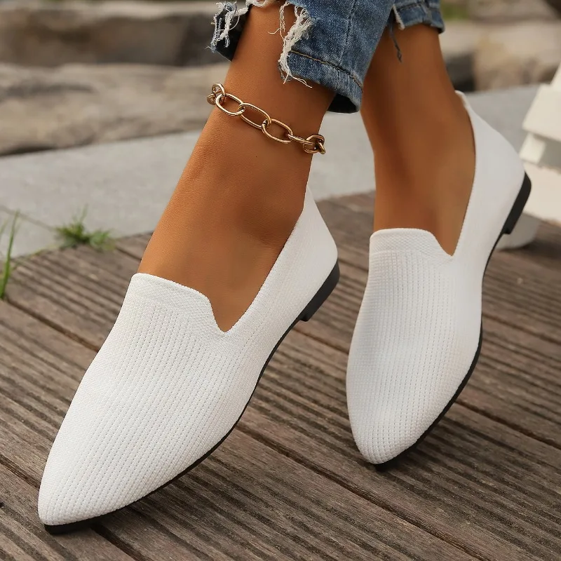 Stretch Knitted Ballet Flats for Women Summer Breathable Shallow Slip-on Loafers Fashion Pointed Toe Solid Color Non-slip Flats