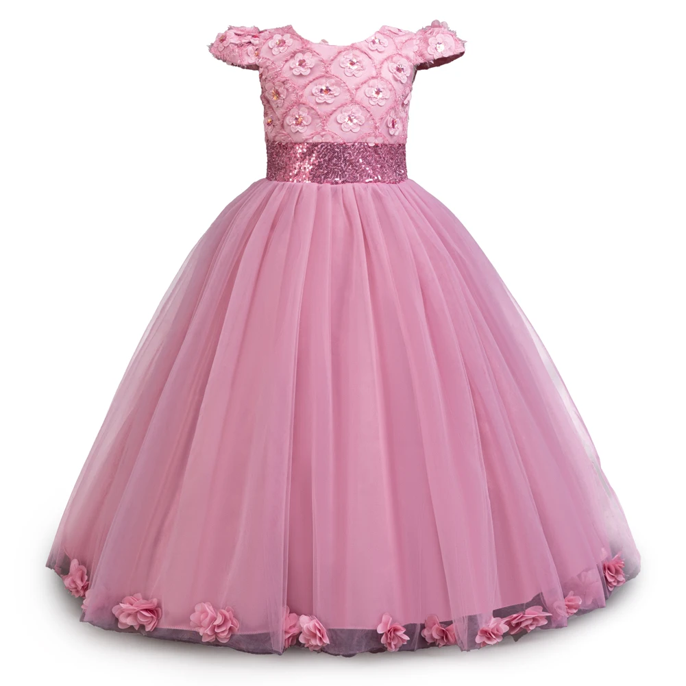 

Bean Pink Formal Satin Flower Girl Dress with O-Neck Collar and Sequined Tulle Ball Gown for Ages 3-12 Summer Floral Pattern