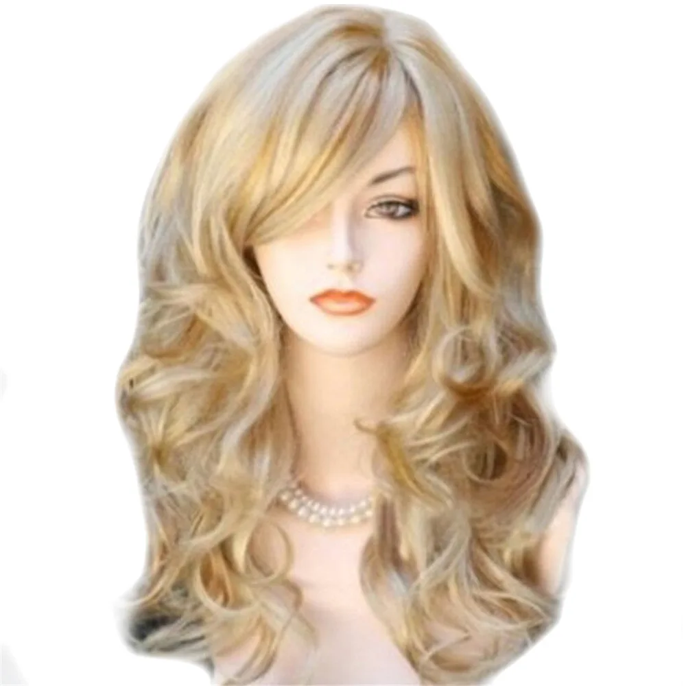 Harajuku blonde chemical fiber female oblique bangs wig full hood curly hair big waves