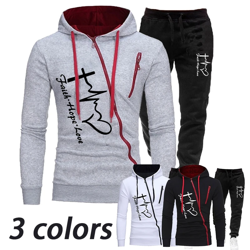 New Fashion Printed Men's Sportswear Set Oblique Zipper Hoodie Set Hoodie+Sweatpants Two Piece Jogging Set Sportswear