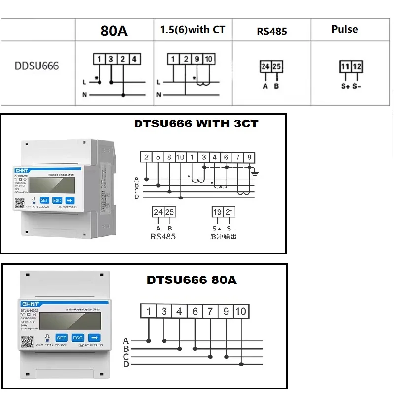 Imagem -06 - Din Rail Voltímetro Digital Chint Ddsu666 80a Trilho Din Energia Elétrica Atual Kwh Medidor Volt Amp Modbus Rs485 230v ac 380v