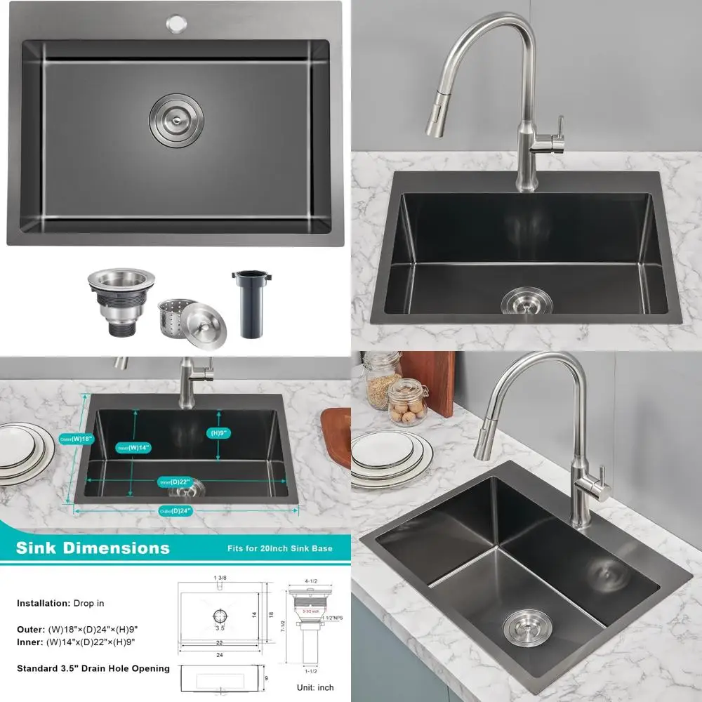 

Stainless Steel Kitchen Sink, 24 Inch Drop-in Single Bowl, 18 Gauge, Topmount, 24x18 Inch, Black Finish