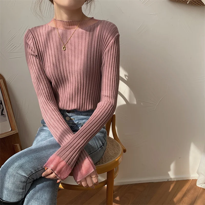 Seoulish Spring Half Turtleneck Knitted Women\'s Sweaters 2023 New Mesh Patchwork Long Sleeve Bottoming Sweater Female Slim Tops