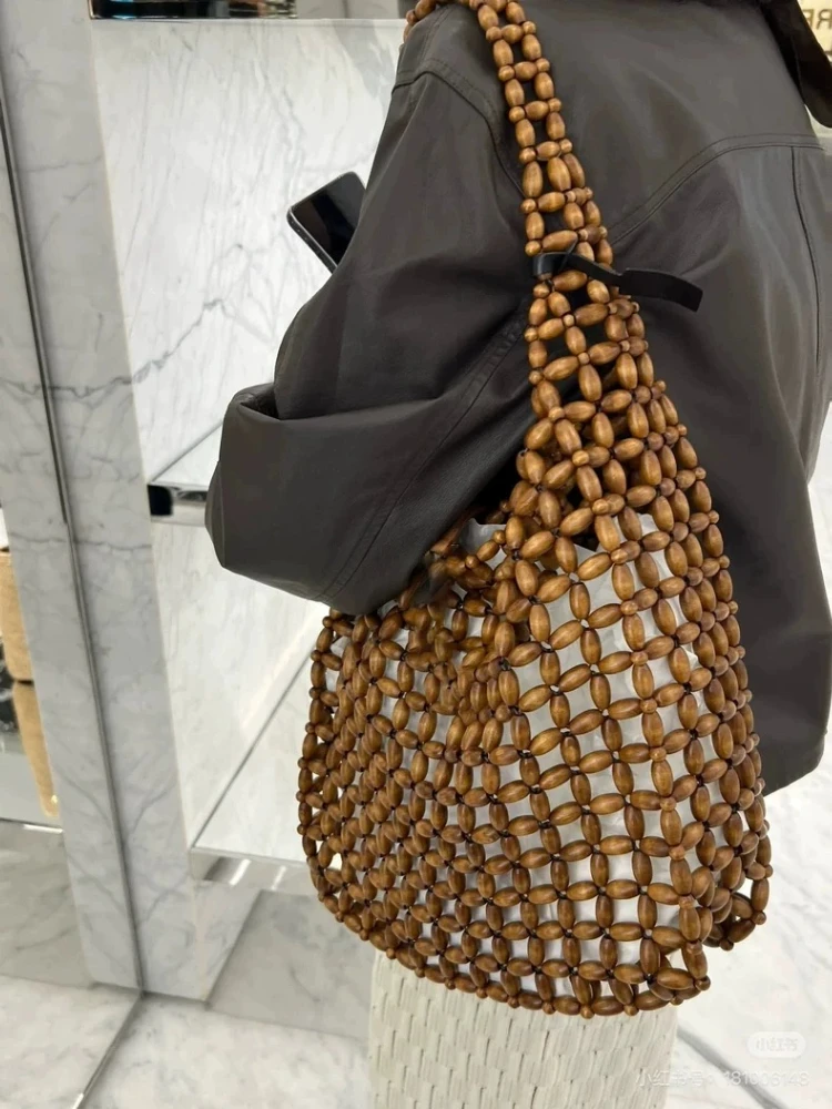 Retro Handmade Wooden Bead Tote Bag for Women, Summer Beach Bag Bohemian Clutch