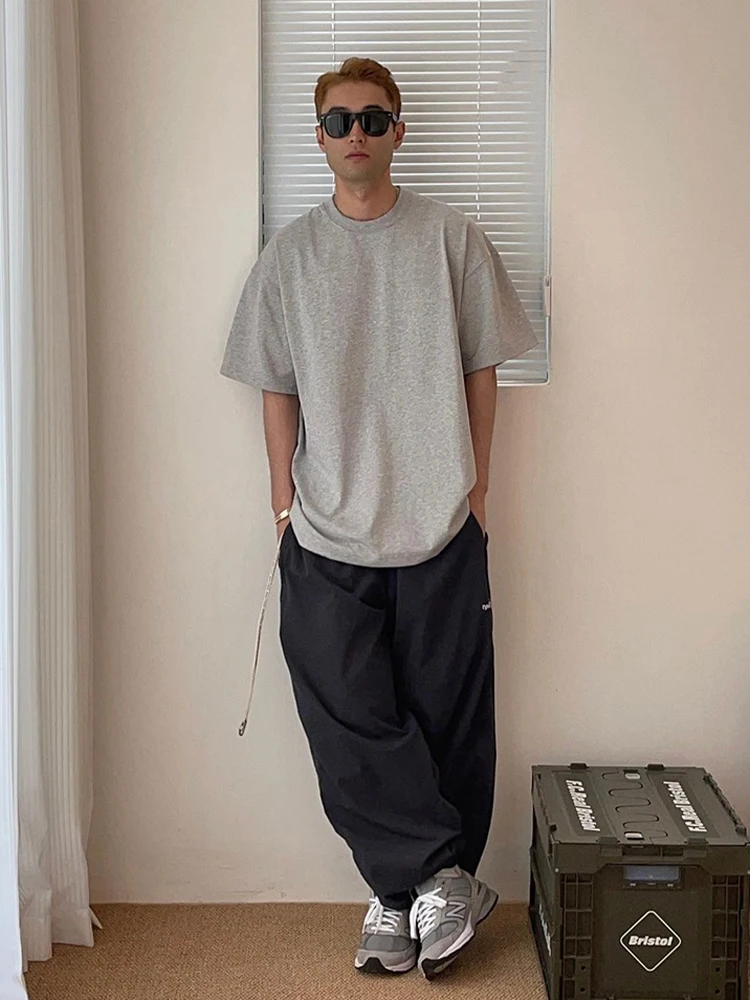 

Мужская футболка из плотного чистого хлопка, свободного кроя, с коротким рукавом и круглым вырезом, в японском стиле