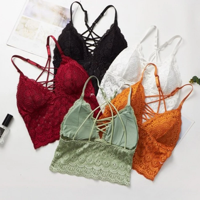 Sexy Lace Tube Tops Women Floral Embroidered Bralette Cropped Top Seamless Deep V Lingerie Push Up Bra Bandeau Top Camis