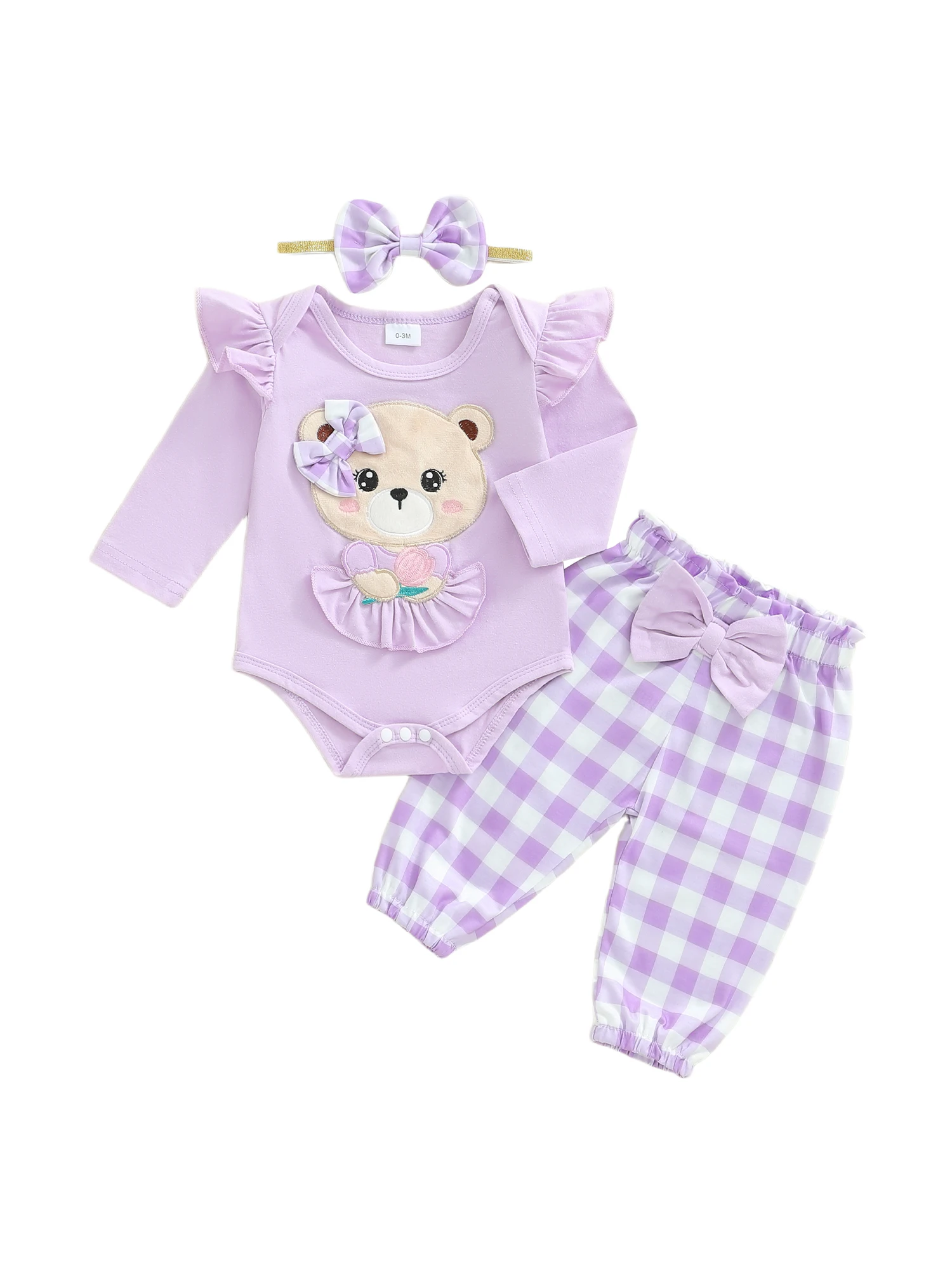 Infant Girls 3-Piece Outfit with Long Sleeve O Neck Romper Pants and Headband Featuring Letter Embroidery