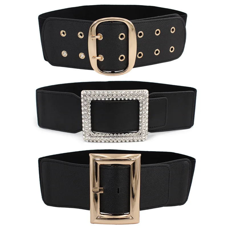 Women Wide Elastic Dress Belt Stretch Waist Belt Vintage Fashion Casual Cinch Belt Buckle Retro PU Leather Punk Waistband пояс