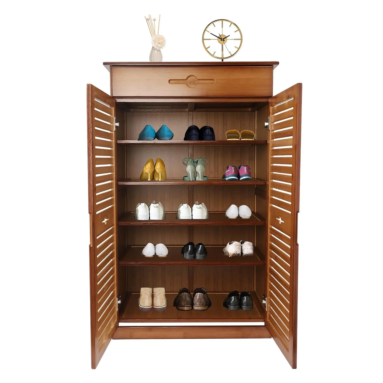 Bamboo Shoe Cabinet 5 Tiers Drawer Double Door Adjustable Shelves Dustproof Waterproof Entryway Hallway Bedroom, Customized