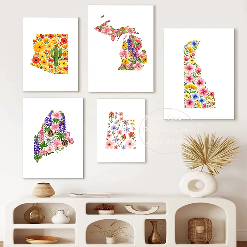 Póster de flores de acuarela significativo, área terrestre representativa de Estados Unidos, pintura en lienzo, imagen artística de pared impresa, decoración del hogar