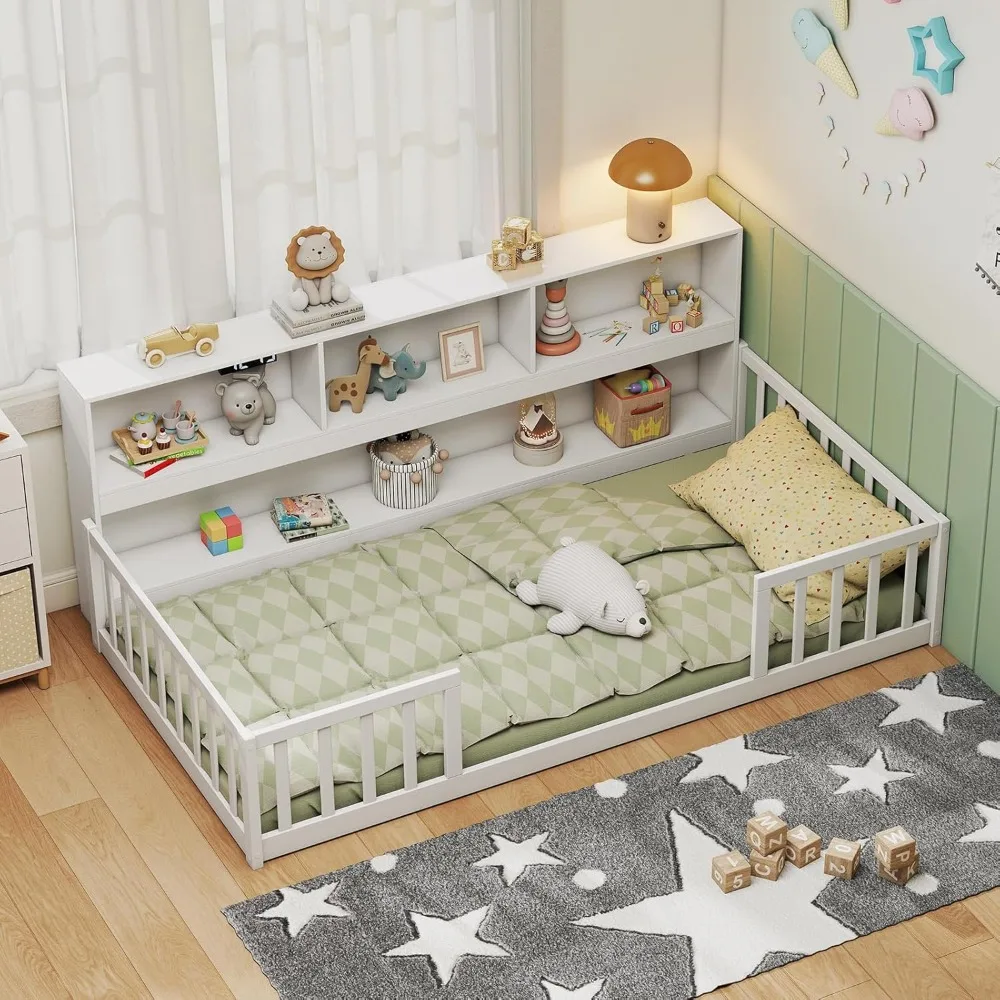 

Giantex Twin Floor Bed for Kids, Wooden Montessori Bed Frame with Bookcase, Storage Shelves & Safety Fence Rails, Floor Beds Twi